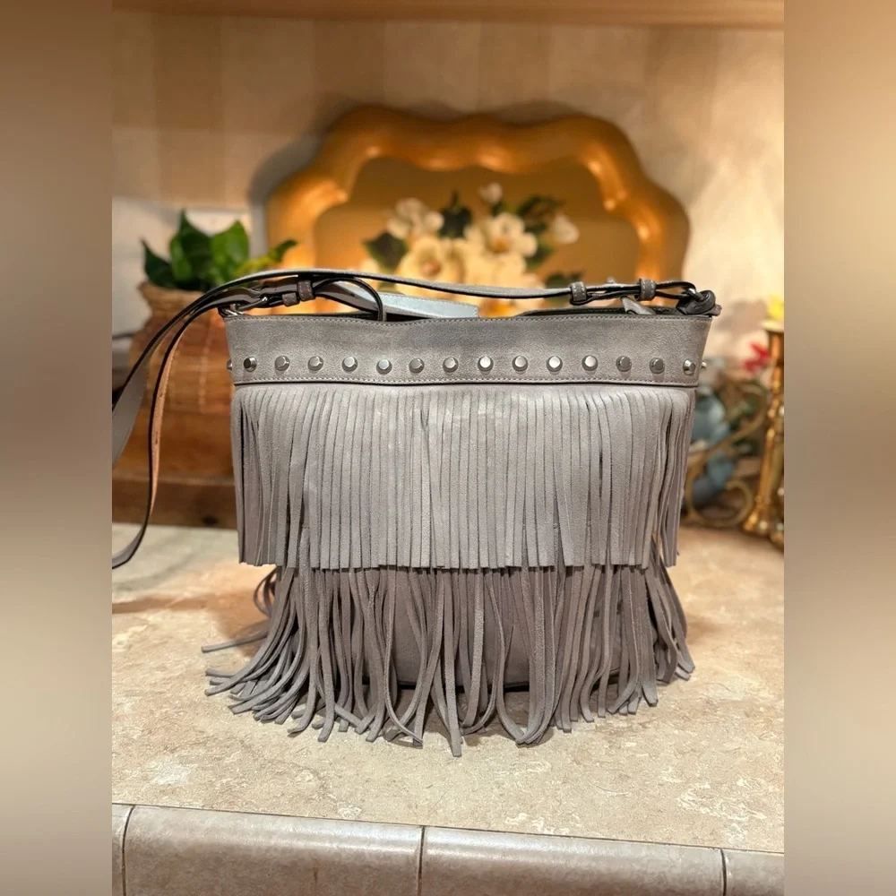 Michael Kors Gray Billy Fringe Crossbody Bag with Studded Detail
